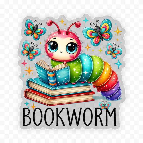 Bookworm Rainbow Book Clear Vinyl, Sticker, 3x3 in.