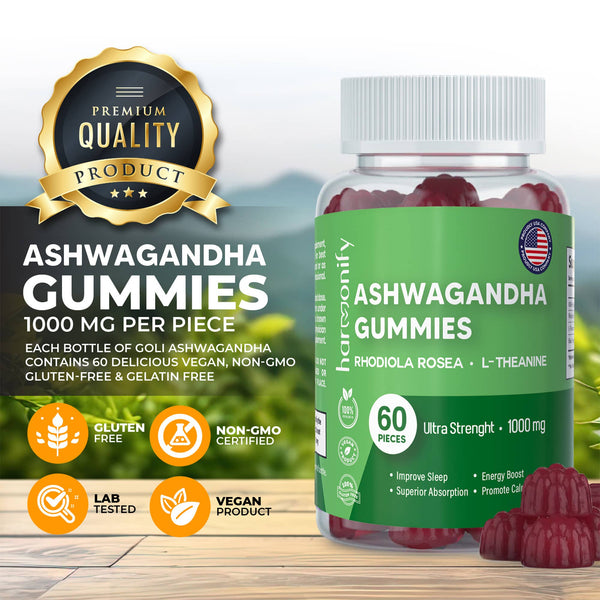 Ashwagandha Gummies with Mixed Rosea and L Theanine, 1000 mg