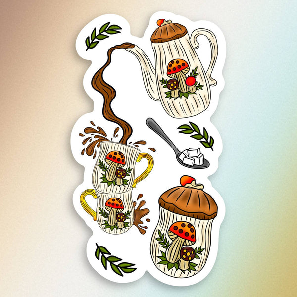 Merry Tea Time Mushrooms, Vintage Collector Sticker
