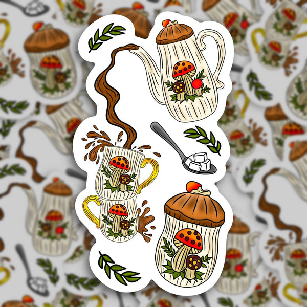 Merry Tea Time Mushrooms, Vintage Collector Sticker