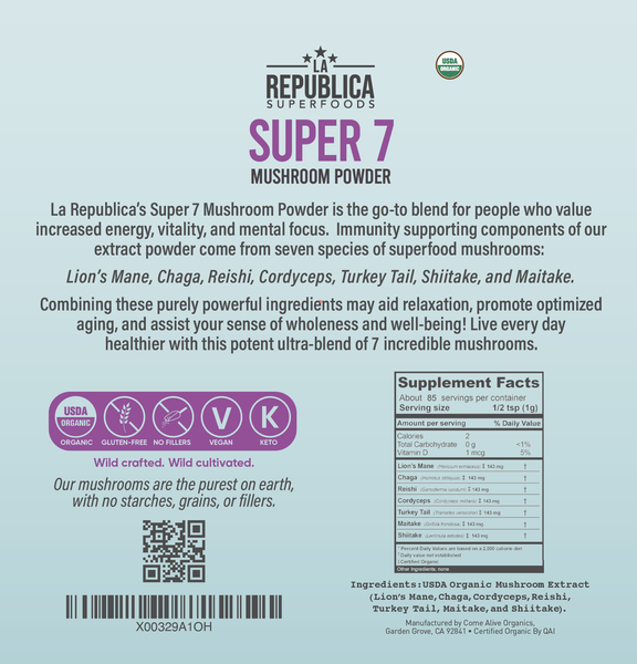 La Republica Organic SUPER 7 Fruiting Mushroom Powder