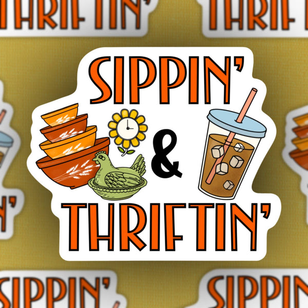Sippin’ and Thriftin’, vintage trinket sticker