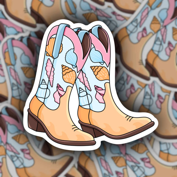 Costal Seashell Pattern Cowgirl Boot Sticker 