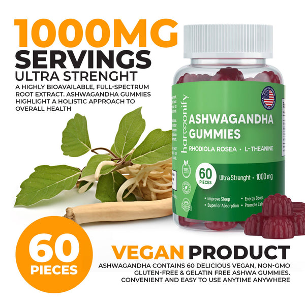 Ashwagandha Gummies with Mixed Rosea and L Theanine, 1000 mg